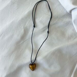 Handmade Glass Amber Heart Pendant Necklace on Cord